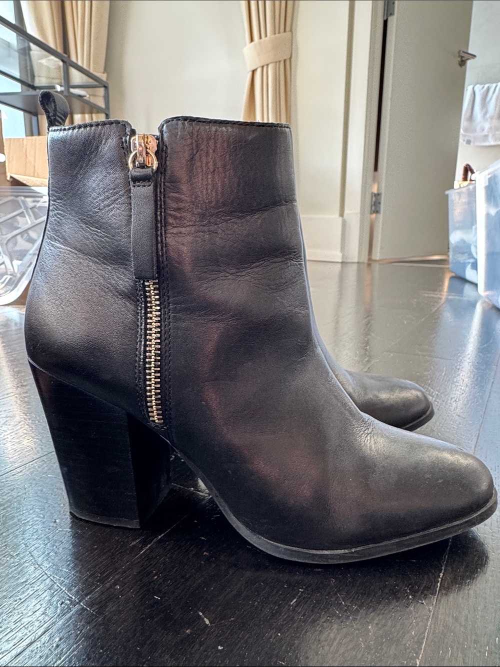 Aldo Black Leather Block-Heel Ankle Boots with Side Zip